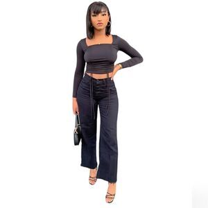NEW Fashion Nova black wide leg raw‎ hem cropped don't you mom jeans 15